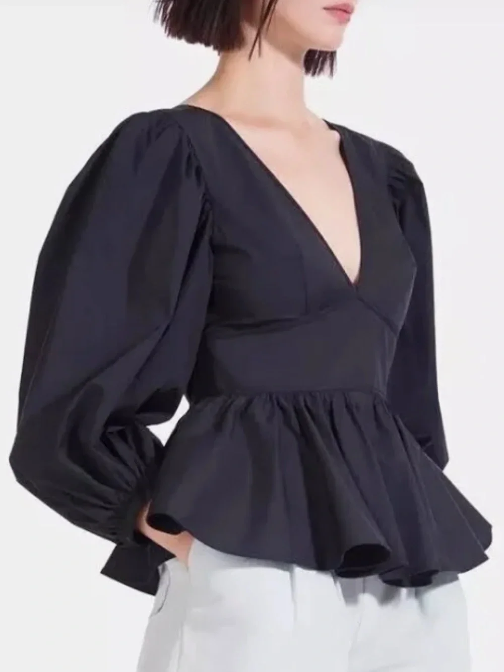 STAUD Met Luna Black Peplum V-Neck Blouse with Puff Sleeves